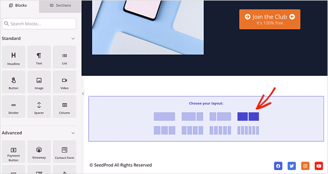 новая колонка — SeedProd Add a 2-column layout