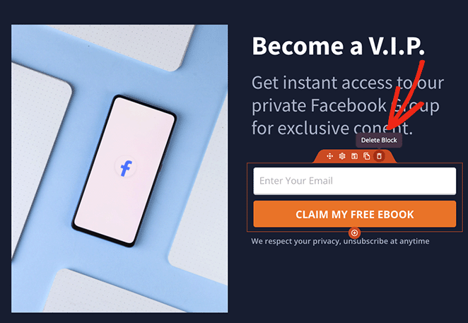 удалитьблок - SeedProd Delete the opt-in form block
