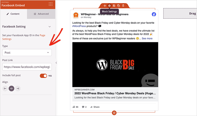 Facebook embed block settings