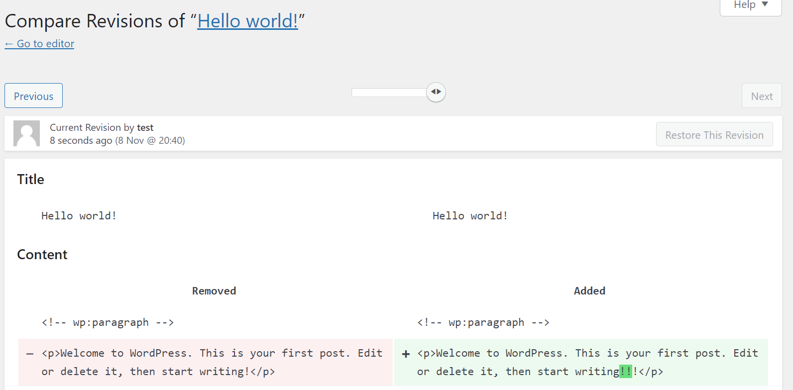 dos revisiones de WordPress una al lado de la otra