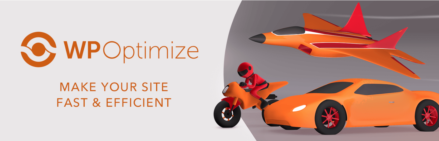 WP-Optimize a imagem do herói com veículos laranja e o slogan "Torne seu site rápido e eficiente"