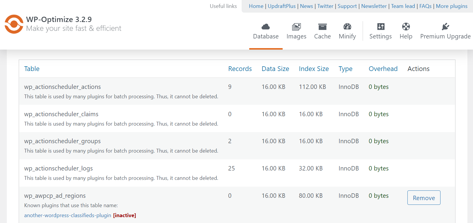 selezionare le tabelle del database da rimuovere