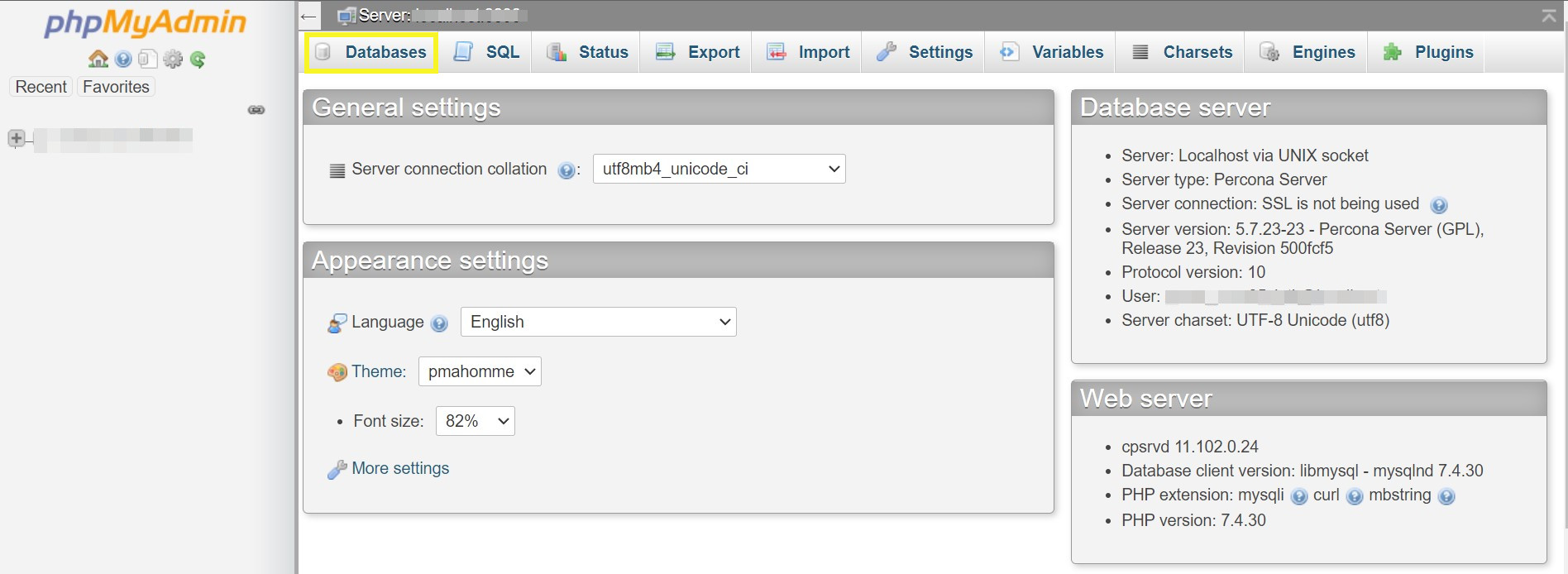 pestaña de bases de datos en phpMyAdmin