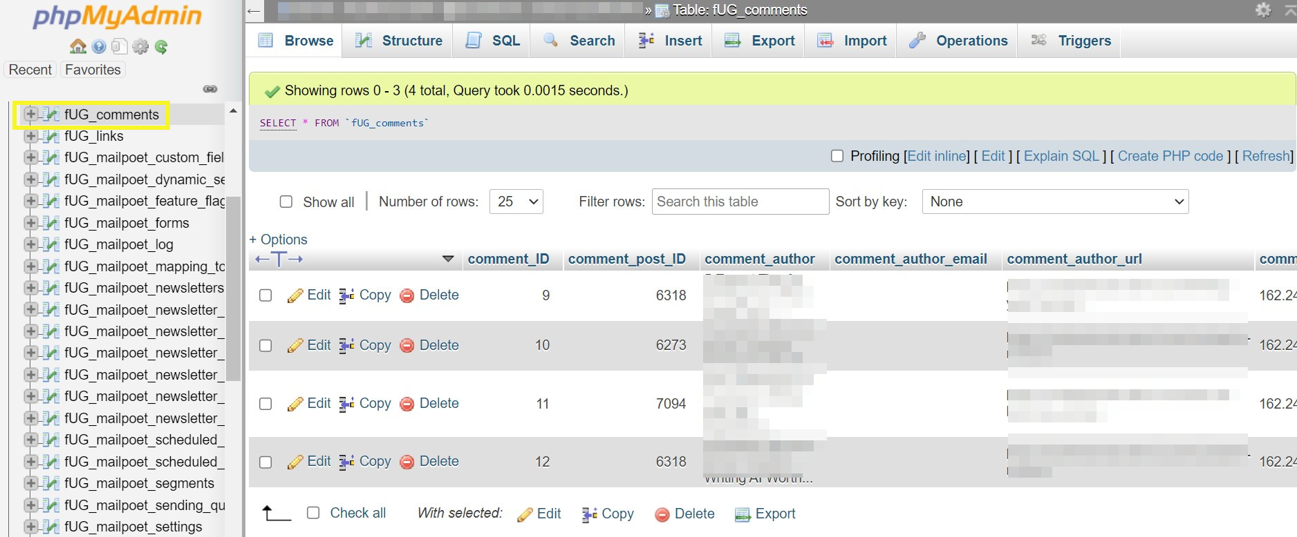 ตารางความคิดเห็นใน phpMyAdmin