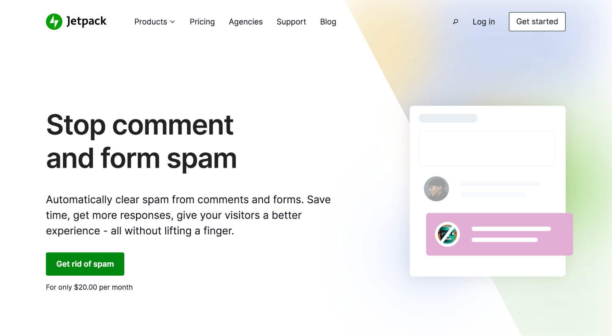Jetpack Anti-Spam のホームページのヒーロー画像。キャッチフレーズは「コメントを停止してスパムを形成する」です。