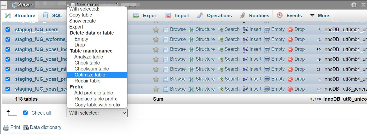 Опция оптимизации таблицы в phpMyAdmin