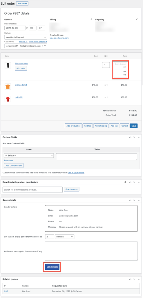 ตอบกลับคำขอใบเสนอราคาของ WooCommerce