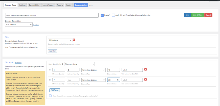 ส่วนลดจำนวนมากสำหรับ WooCommerce ทั้งร้าน