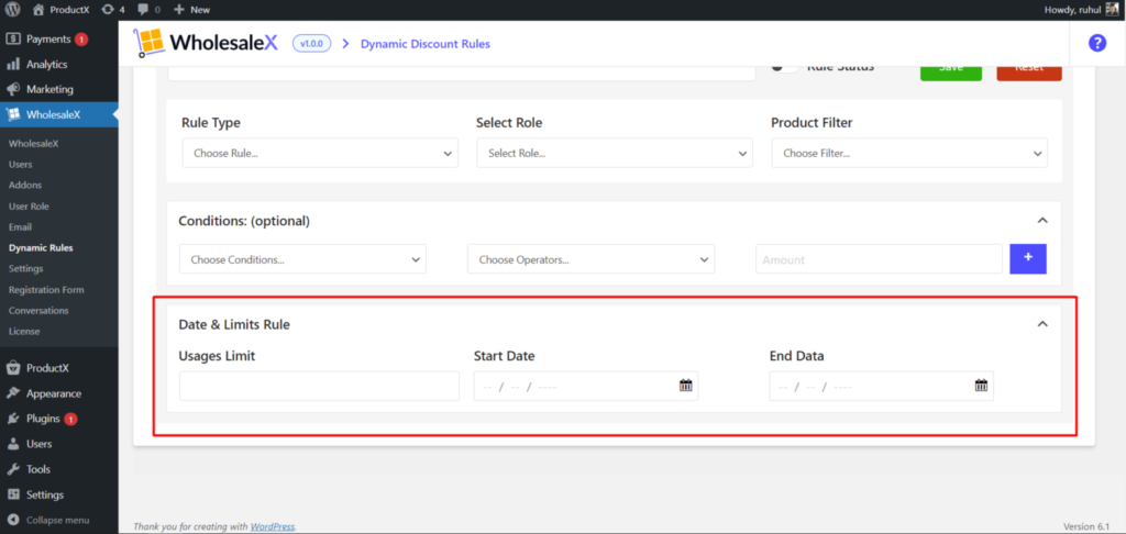 WholesaleX(B2B+B2C)를 통해 사용자 역할별로 WooCommerce 가격을 설정하는 방법 13 WholesaleX Date and Limits Rule