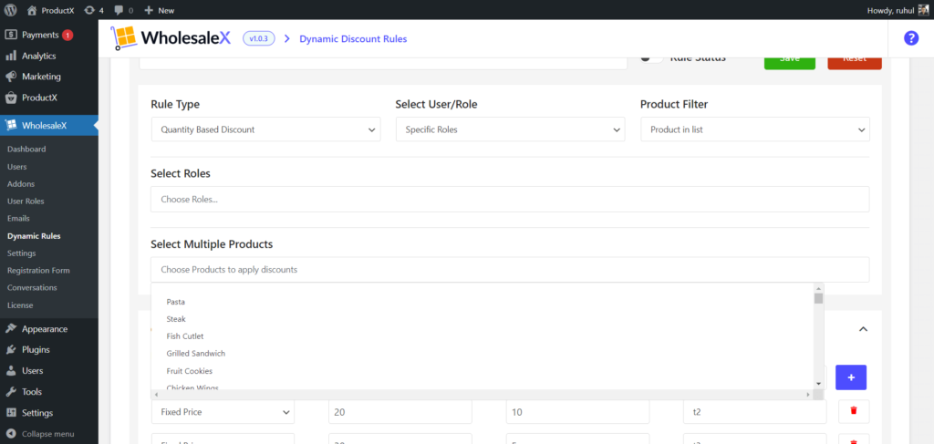 WholesaleX(B2B+B2C) 11에서 사용자 역할별로 WooCommerce 가격을 설정하는 방법 WholesaleX Multiple Product Selection