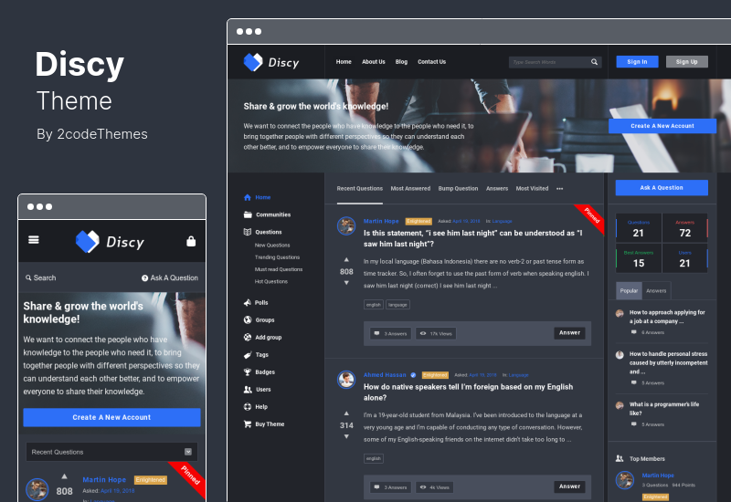 Discy テーマ - 社会的な質問と回答の WordPress テーマ