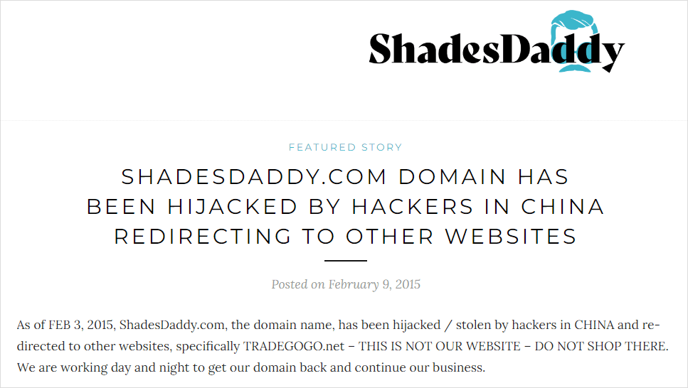 Aviso de sequestro de domínio ShadesDaddy.com