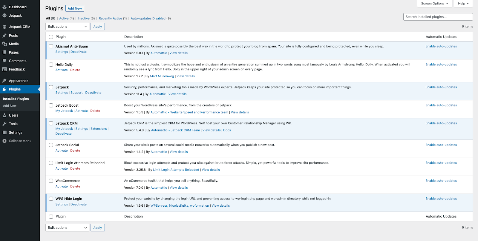 liste des plugins installés dans le tableau de bord WordPress