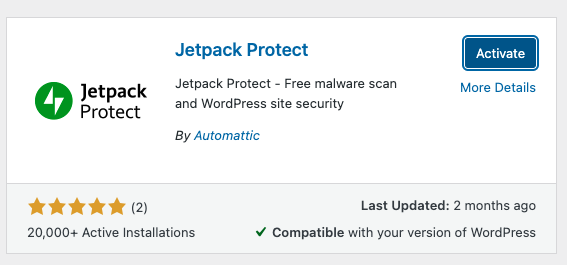 activation du plug-in Jetpack Protect