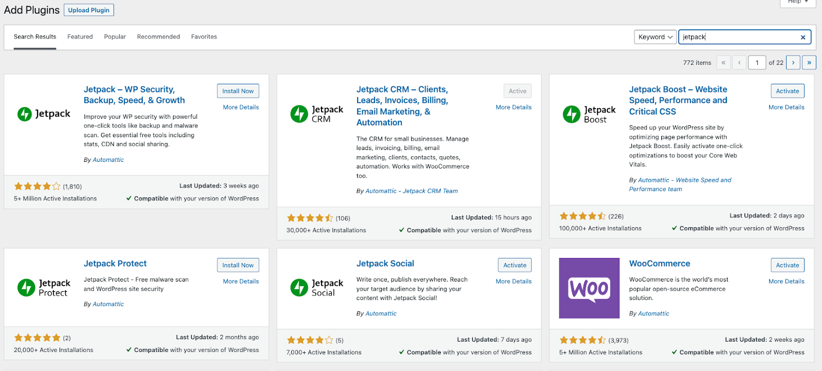 liste des plugins lors de la recherche de "Jetpack" dans le tableau de bord WordPress