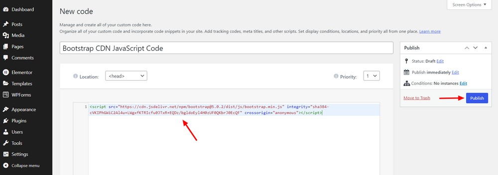 Dodaj skrypt Bootstrap CDN z niestandardowym kodem Elementora