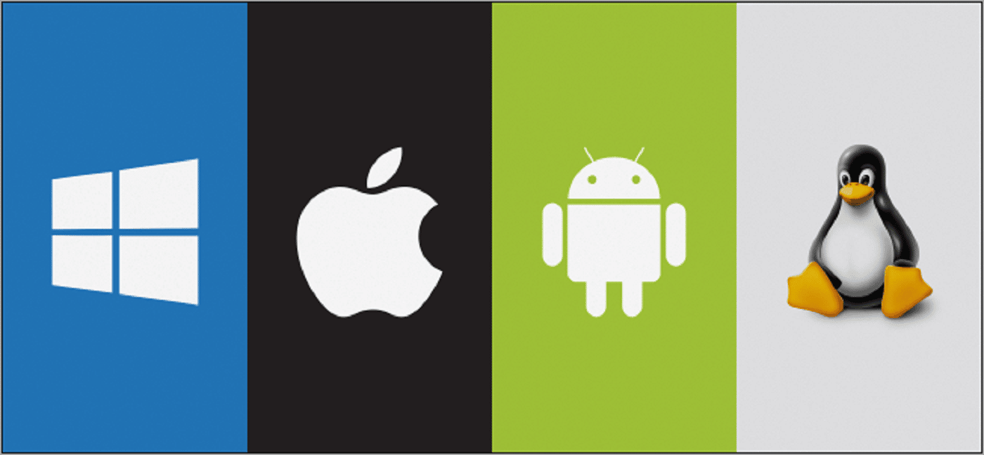 Python 支持的 4 個操作系統的徽標圖像。第一是Windows,第二是Apple,第三是Android,第四是Linux。