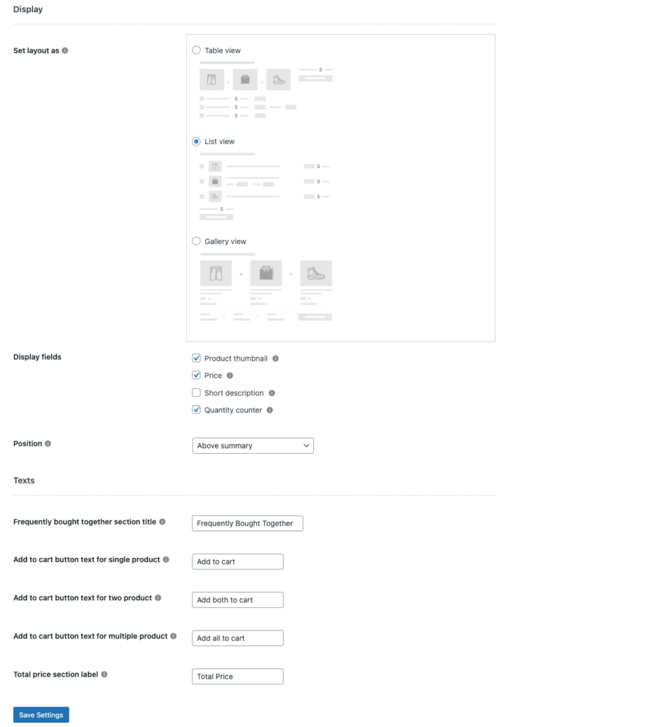 impostazioni di visualizzazione del plug-in