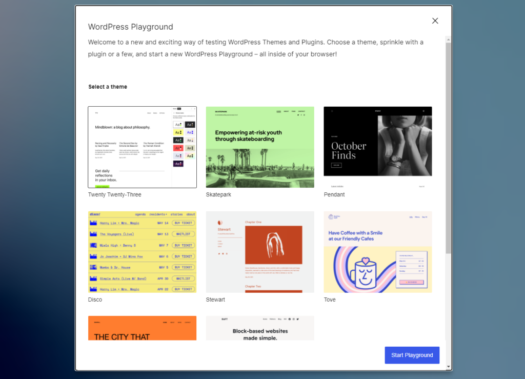 Cuplikan layar dari startup demo WordPress Playground