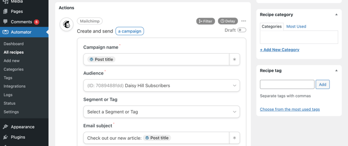 กรอกข้อมูลในฟิลด์เพื่อตั้งค่าแคมเปญ Mailchimp