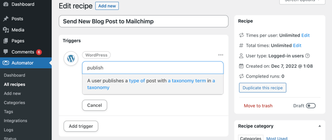 การเลือกทริกเกอร์ WordPress ของ Uncanny Automator