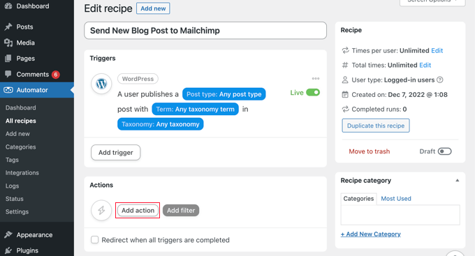 คลิกปุ่ม 'เพิ่มการกระทำ' ของ Uncanny Automator