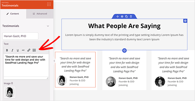 添加客户评价 - SeedProd landing page testimonials