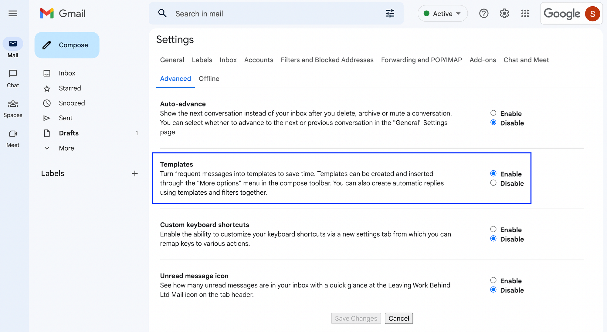 Abilita i modelli nelle impostazioni avanzate di Gmail.