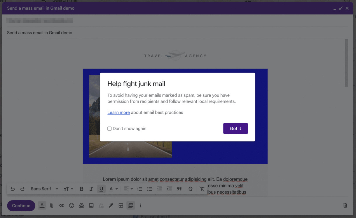Un avviso di best practice via email in Gmail.