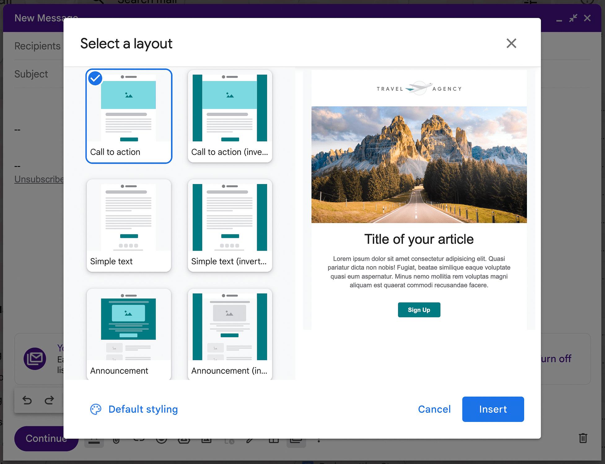 Opzioni di layout per email di massa in Gmail.