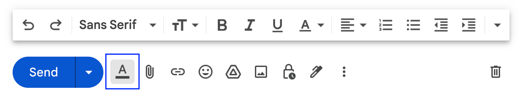 Opzioni di formattazione di Gmail.