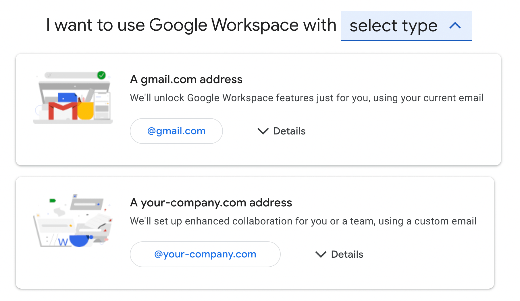 Seleziona il tipo di email di Google Workspace.