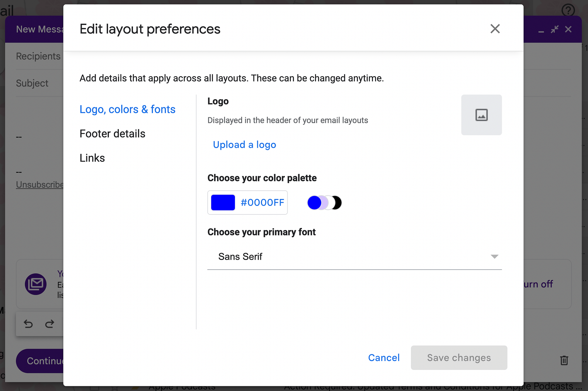 Modifica della tavolozza dei colori del layout delle e-mail di massa.
