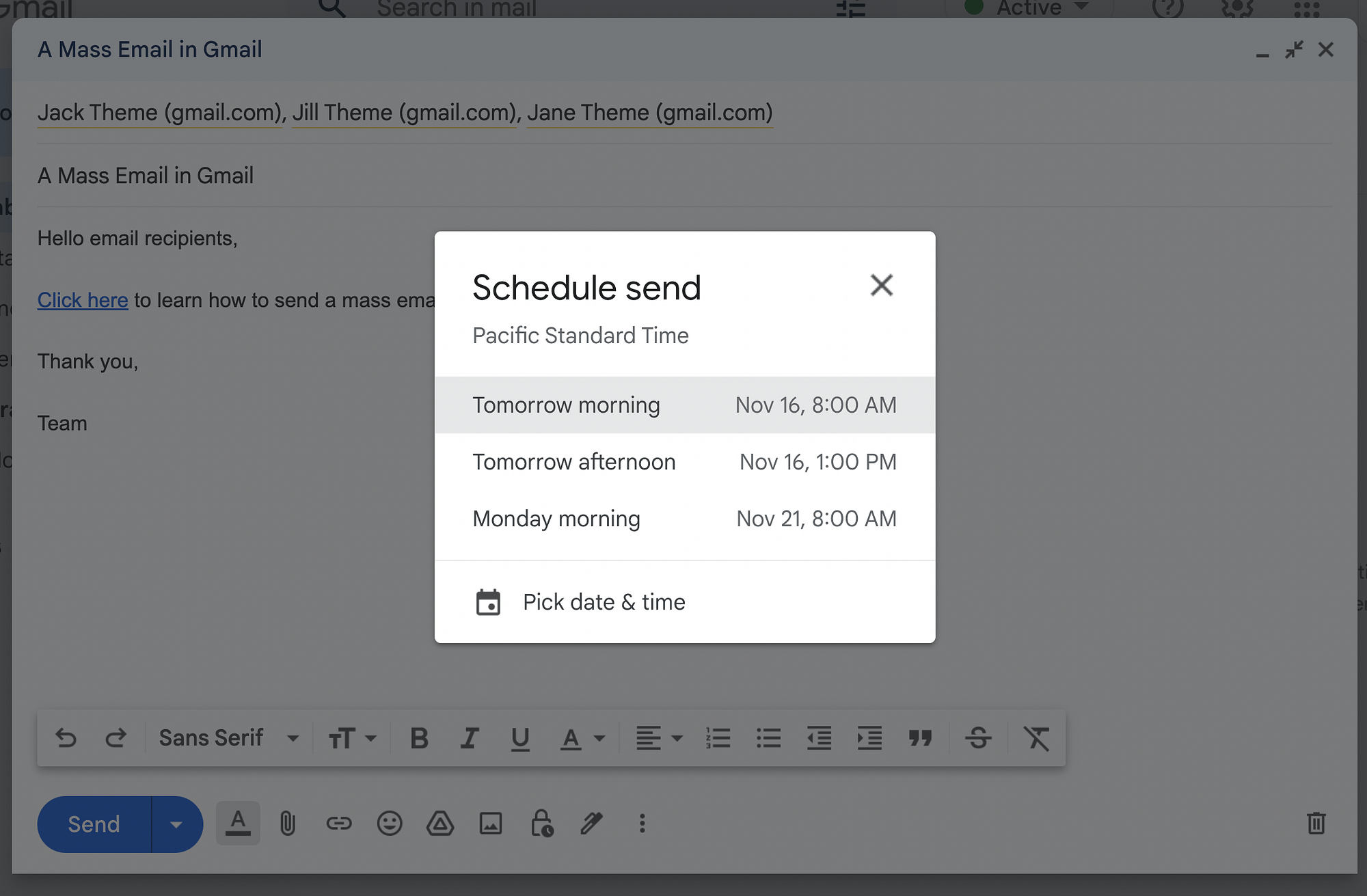Pianifica un'email di massa in Gmail.