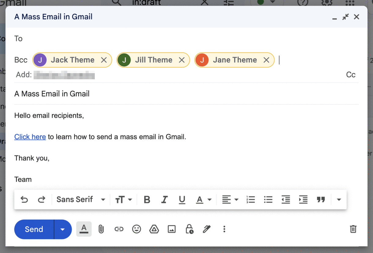 Invio di un'e-mail di massa in Gmail.