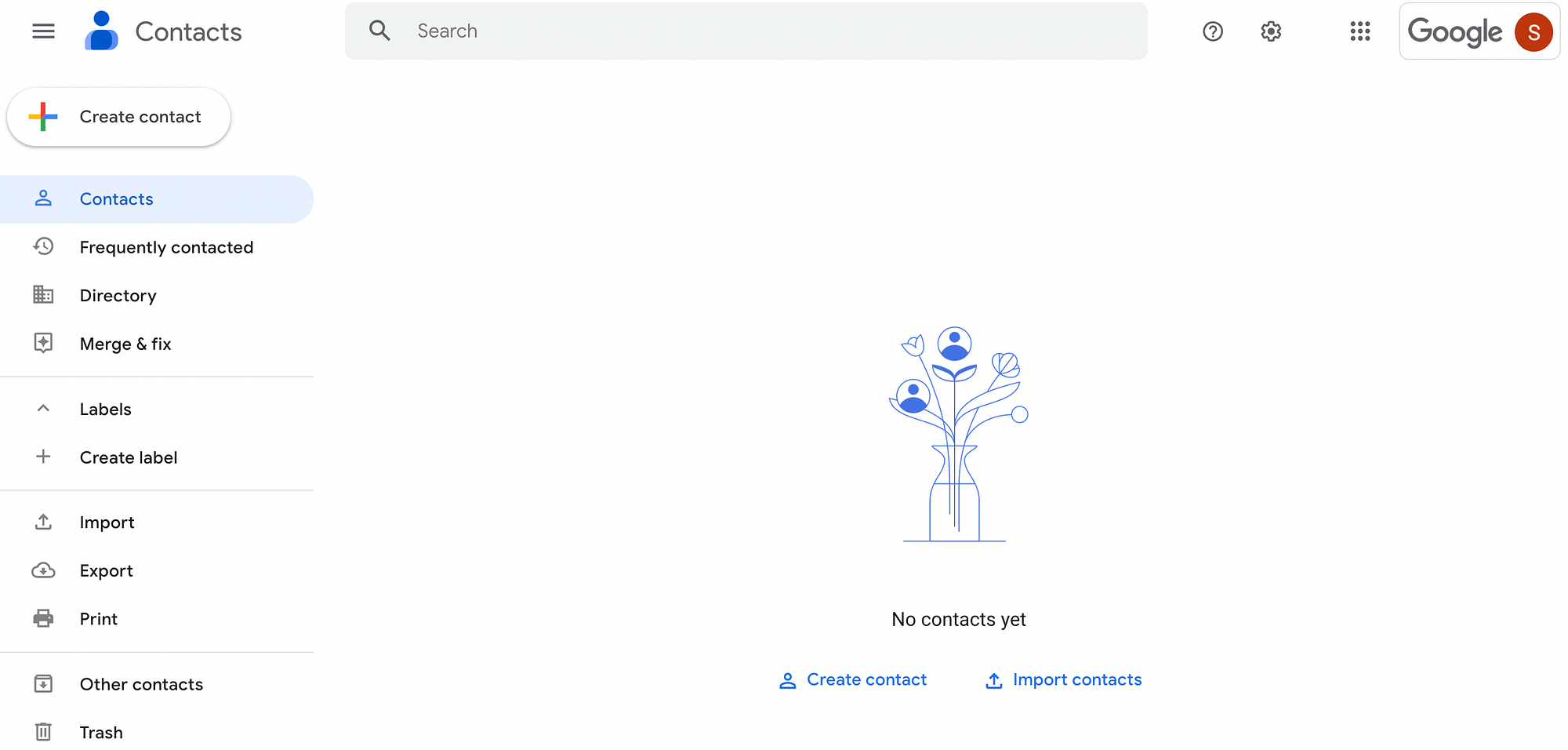 Schermata iniziale dell'app Contatti Google.