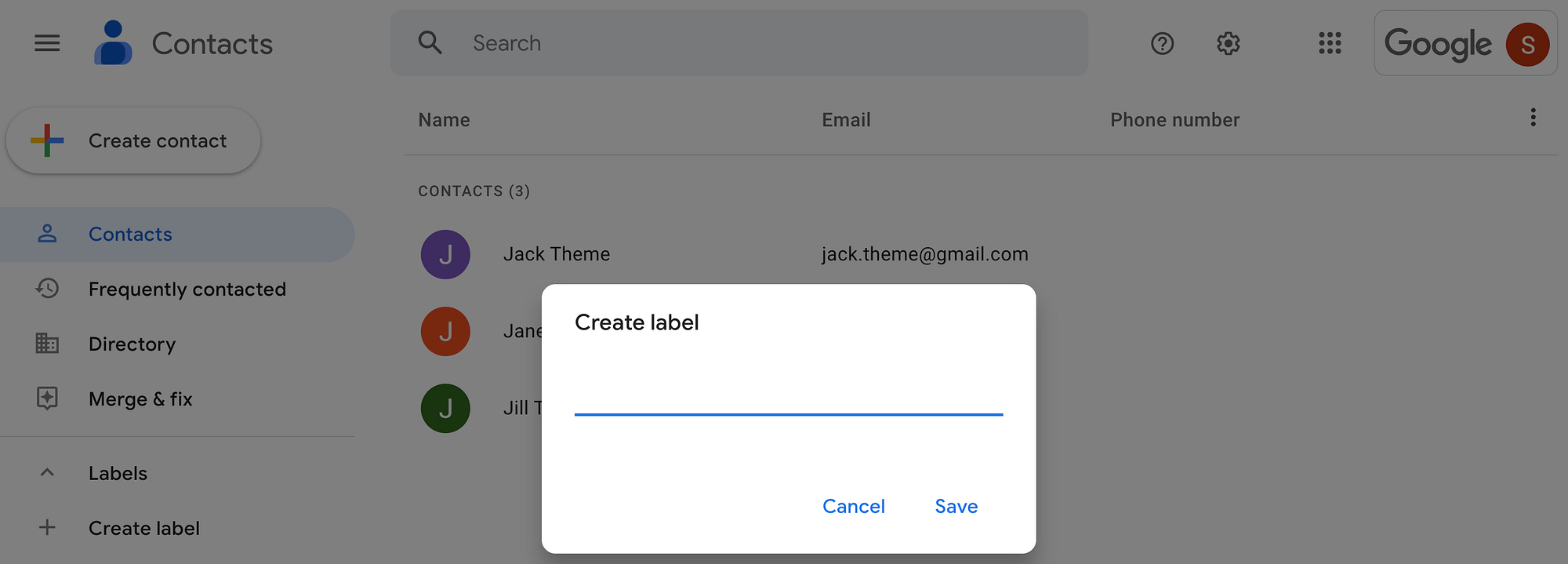 Crea un'etichetta in Contatti Google.