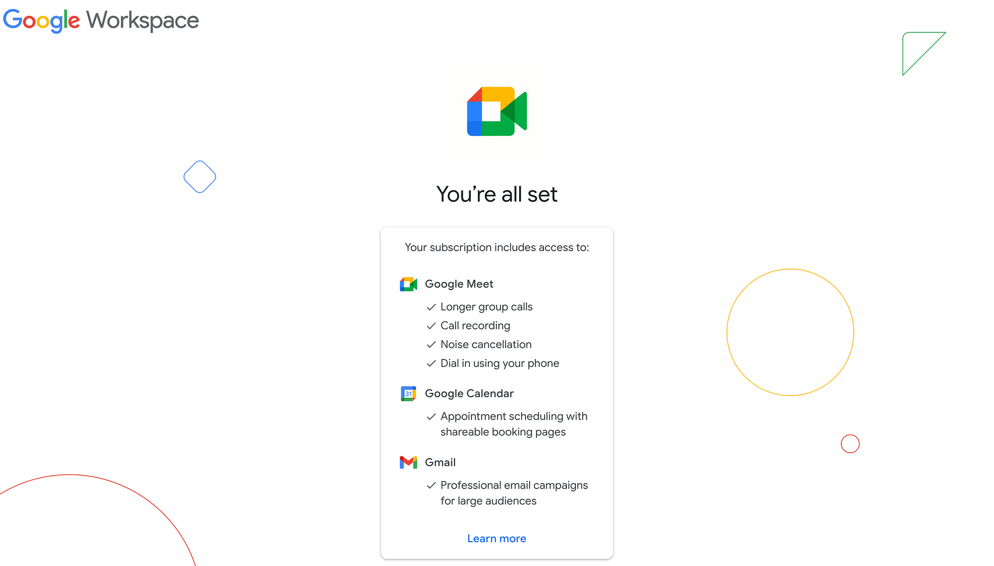 Schermata di conferma di Google Workspace.