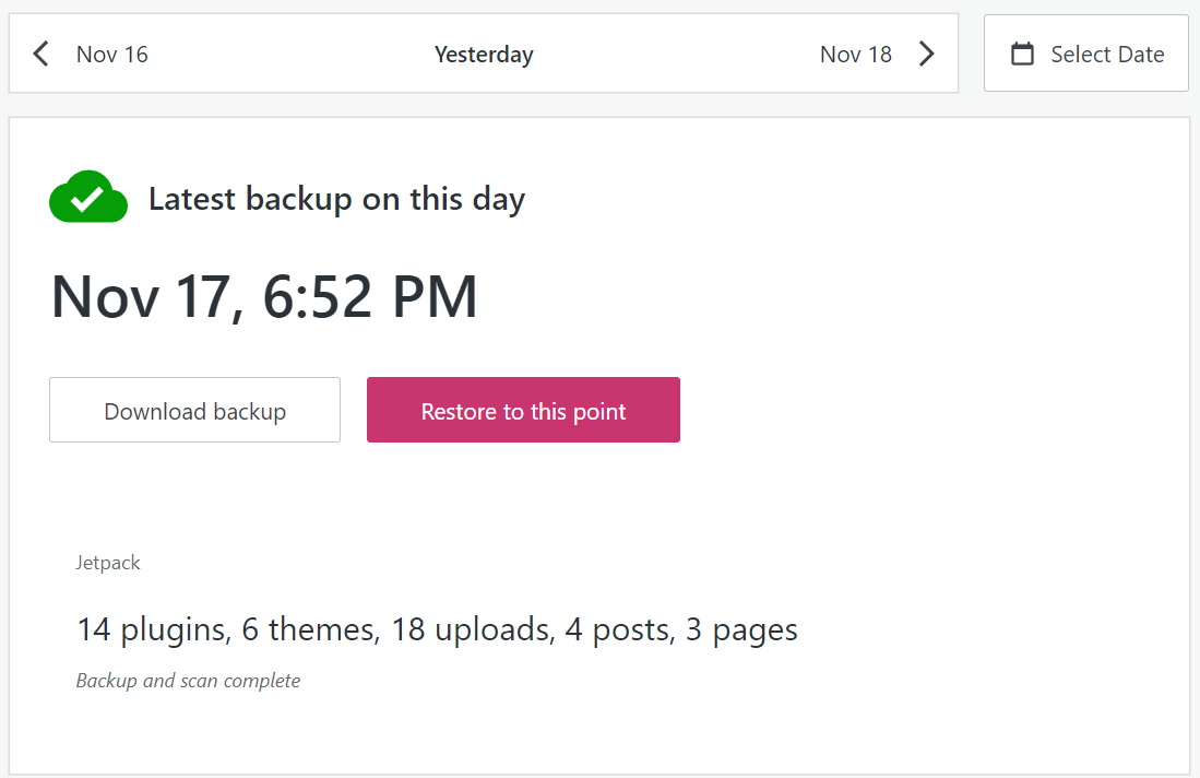 ripristinare un backup con Jetpack VaultPress Backup