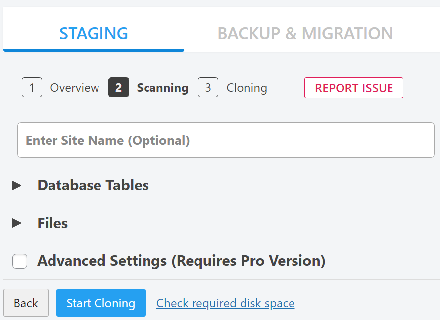 Passaggio 2, con opzioni per la scelta di file e tabelle di database