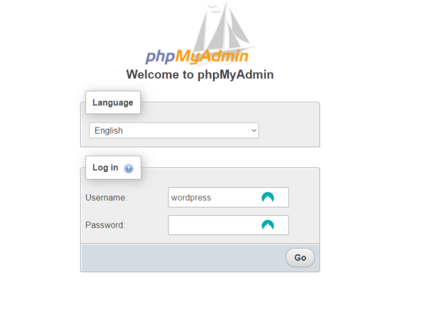 phpMyAdmin giriş ekranı
