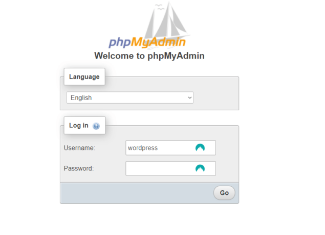 Экран входа в phpMyAdmin