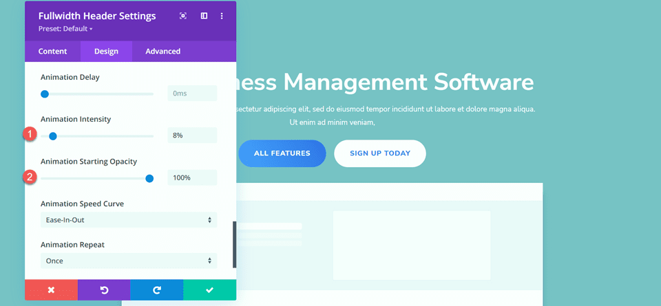 Divi Fullwidth Header Gradient Background Layout 3 إعدادات الرسوم المتحركة
