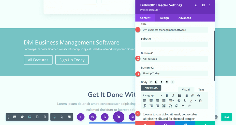 Divi Fullwidth Header Gradient Background Layout 3 إعدادات المحتوى