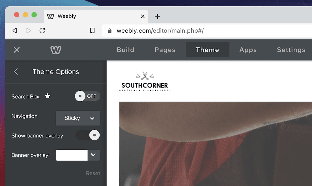 Weebly 设置中的主题选项子菜单。