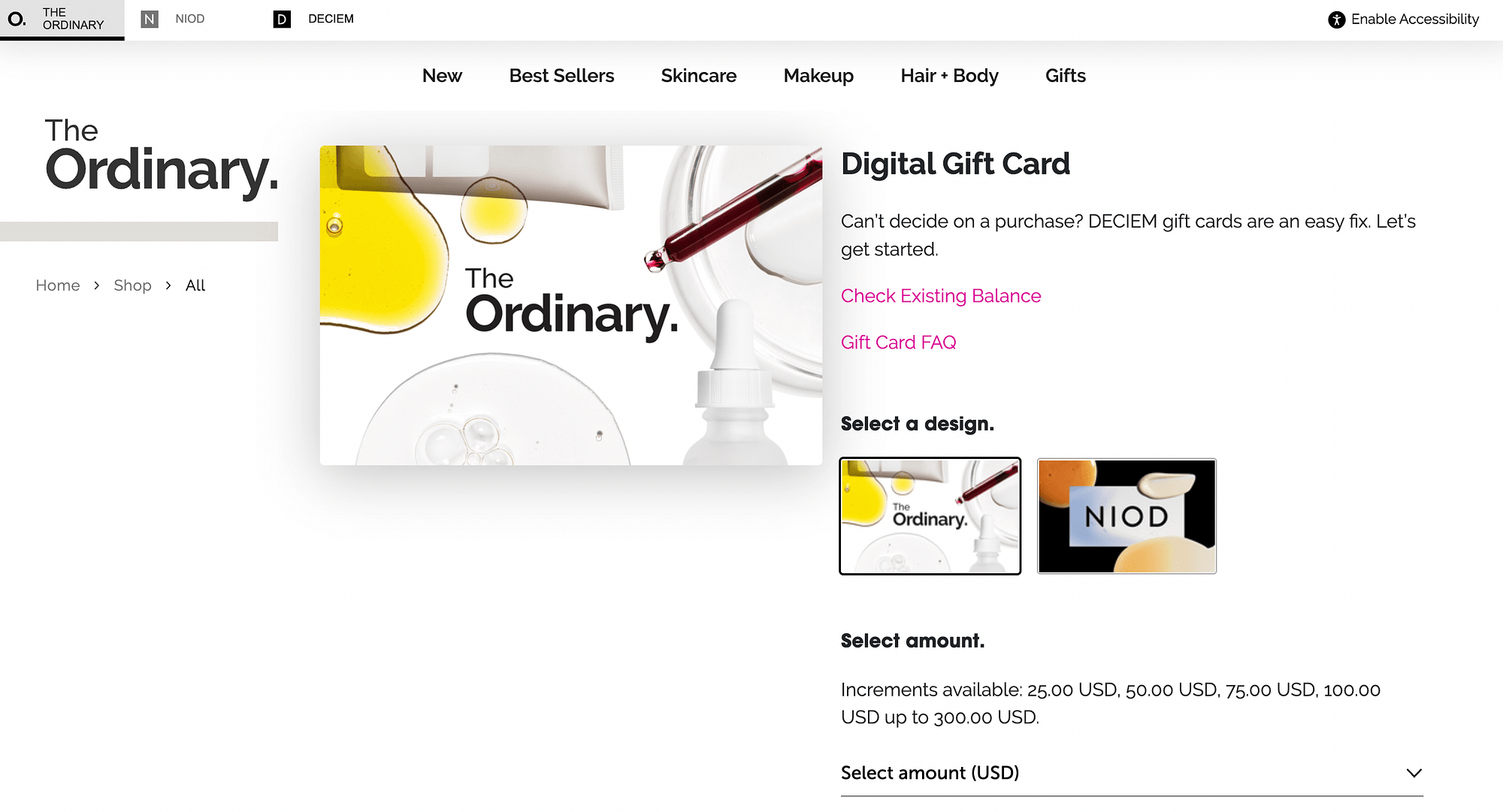 Kartu hadiah digital untuk The Ordinary.