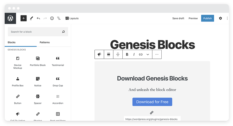 Widok pulpitu nawigacyjnego WordPress z zainstalowaną wtyczką Genesis Blocks.
