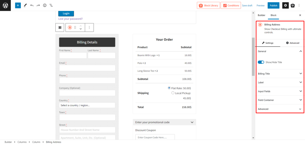如何使用 ProductX 7 創建和自定義 WooCommerce 結帳頁面模板 Billing Address Block Settings