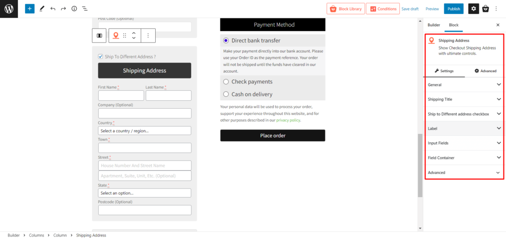 如何使用 ProductX 8 創建和自定義 WooCommerce 結帳頁面模板 Shipping Address Blocks Settings