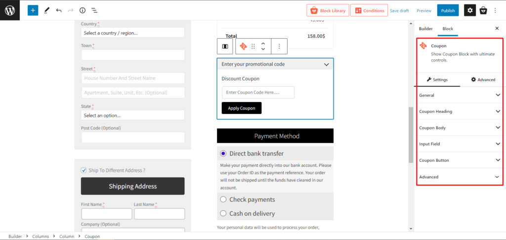 如何使用 ProductX 11 創建和自定義 WooCommerce 結帳頁面模板 Coupon Block Settings
